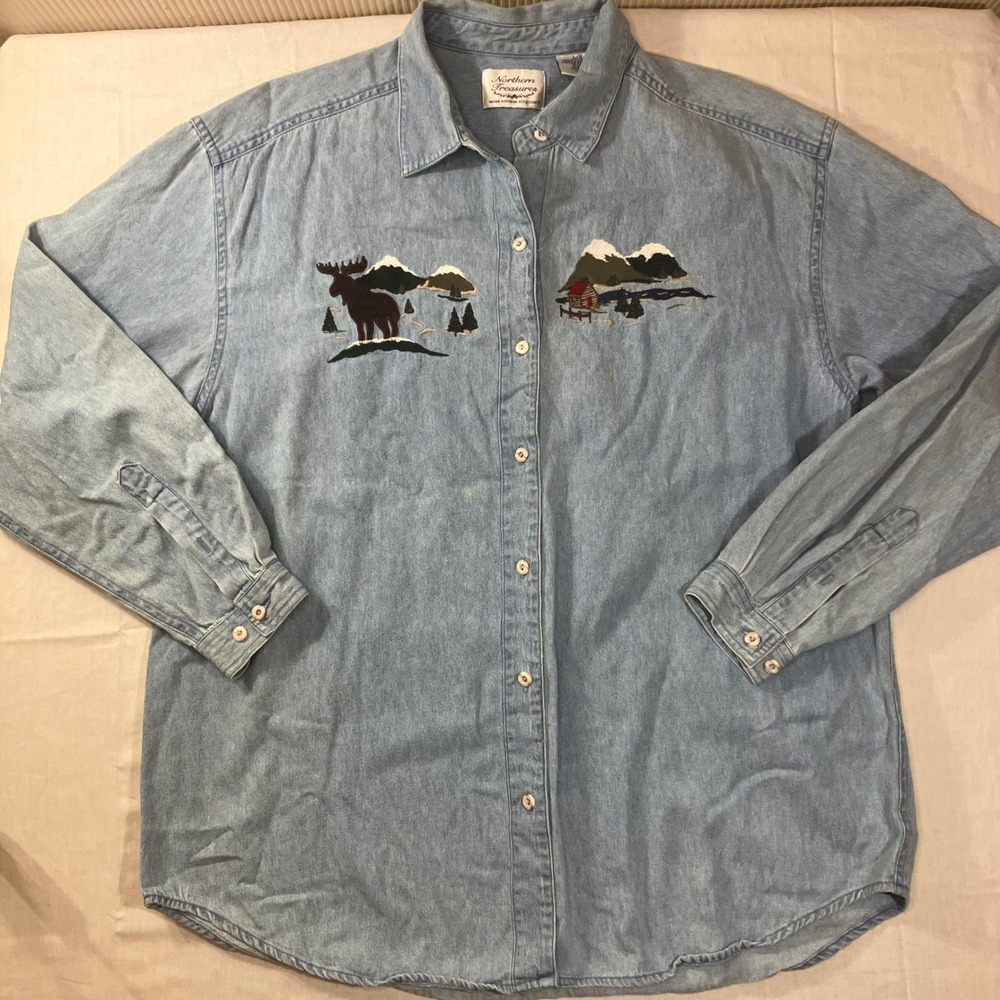 Northern Treasures Moose Cabin Embroidered Denim Shirt Womens Large Blue Cotton